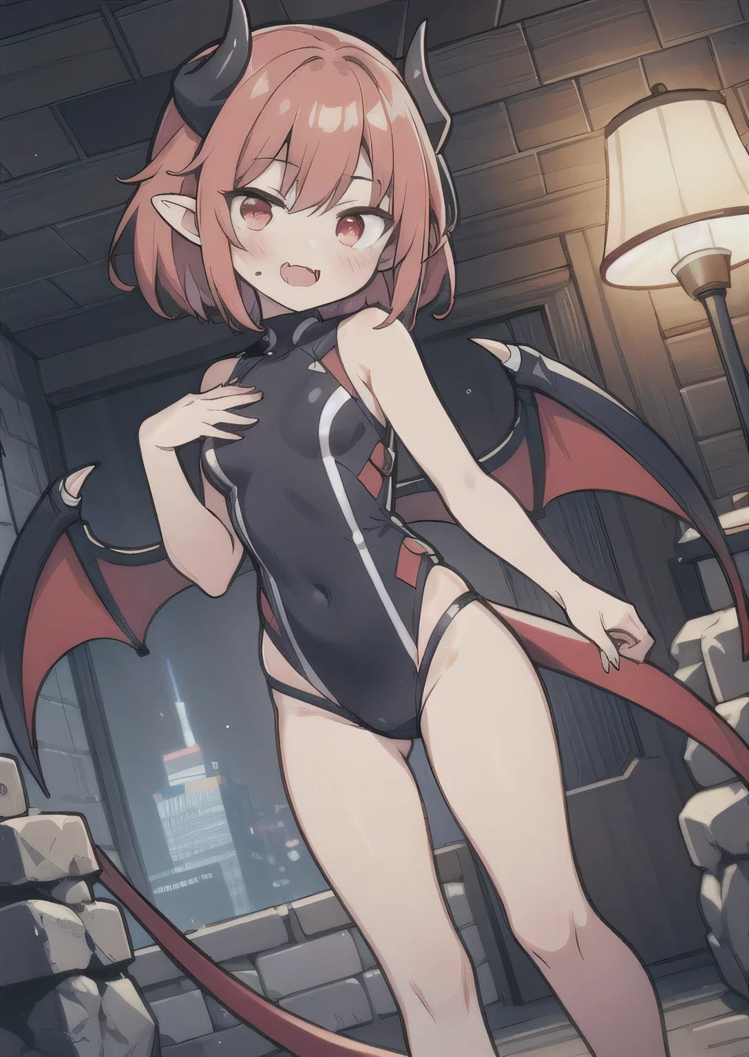 8K,  2girl, petit, teen, kawaii vampire, crimson hair, short hair, red eyes, fang, bat wings, smile, (blush), (shy), pointed ears, looking at viewer,  dynamic angle, wind, game cg, fantastic scenery, demon tail, thin tail, black horns, medium breast, latex, sexy, dungeons, summon, magic, bulge, show bulge, swimsuit 