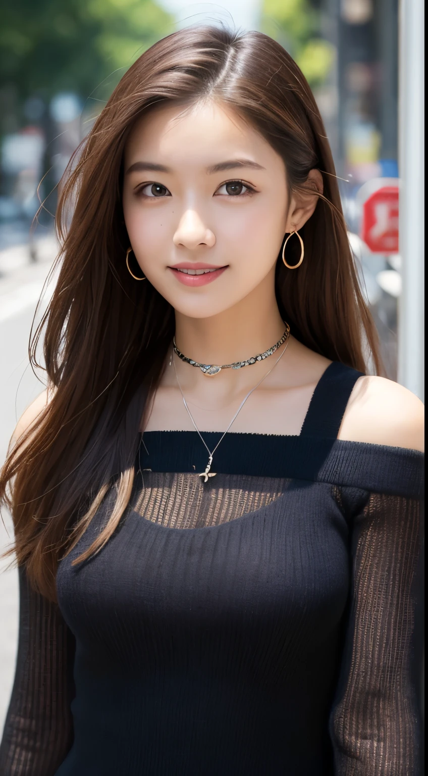 Tabletop, highest quality, figure, Very detailed, In detail, High resolution, 8k wallpaper, Perfect dynamic composition, Beautiful fine details, dress,Medium Hair, Center of chest, Natural color lip, Random sexy poses,smile,Aoyama Street Walk、20-year-old girl、Shoulderless knit(Shui Color)、Slid、Choker with chain、I keep my hair tied
