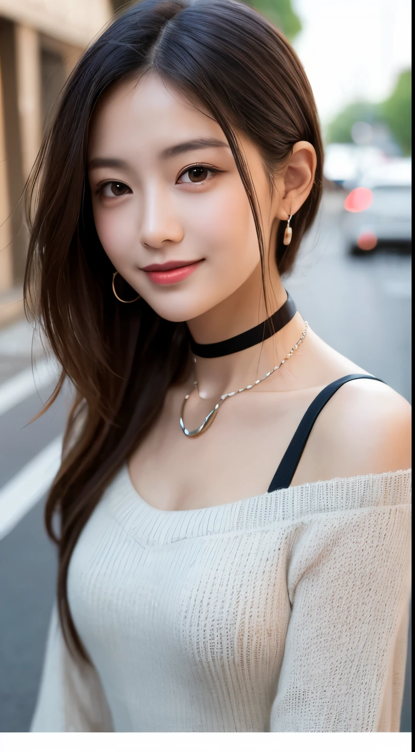 Tabletop, highest quality, figure, Very detailed, In detail, High resolution, 8k wallpaper, Perfect dynamic composition, Beautiful fine details, dress,Medium Hair, Center of chest, Natural color lip, Random sexy poses,smile,Aoyama Street Walk、20-year-old girl、Shoulderless knit（Shui Color）、Slid、Choker with chain、I keep my hair tied