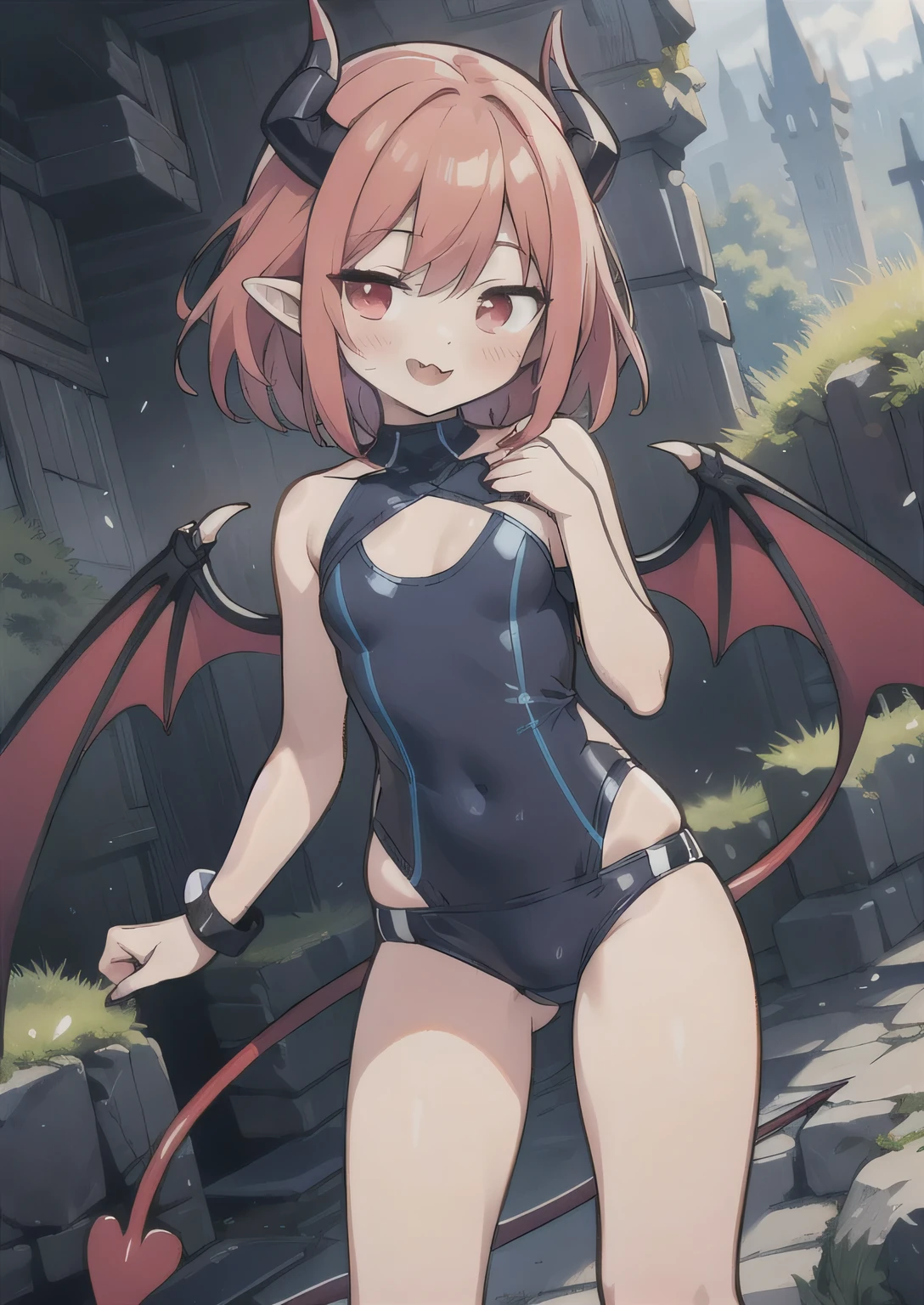 8K, 2girl, petit, , kawaii vampire, crimson hair, short hair, red eyes, fang, bat wings, smile, (blush), (shy), pointed ears, looking at viewer, dynamic angle, wind, game cg, fantastic scenery, demon tail, thin tail, black horns, medium breast, latex, sexy, dungeons, summon, magic, bulge, show bulge, swimsuit