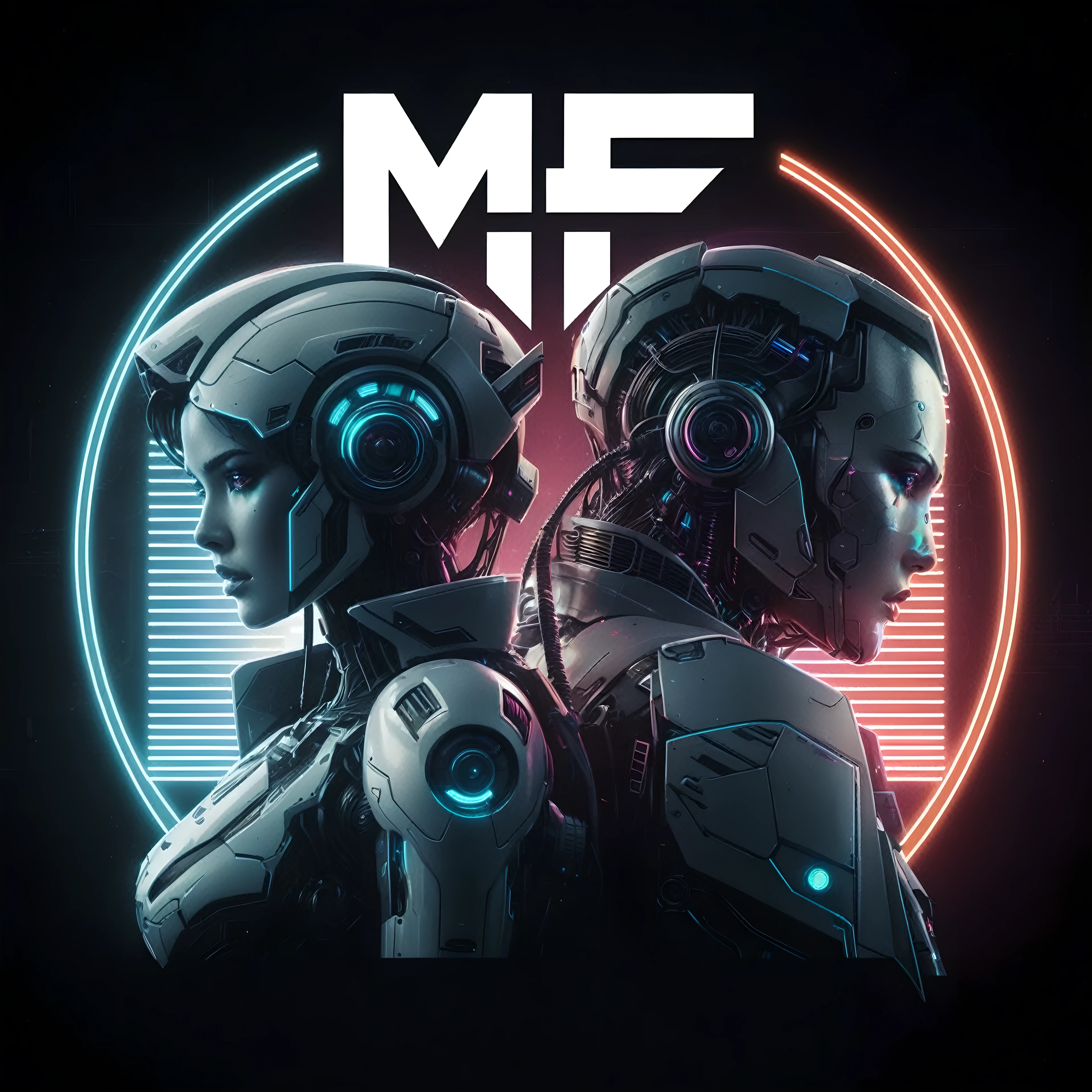 Logo of Synthwave of futuristic back to back one is woman mecha and they other is a Male Cyborg so many details, on top letters "MF", neon dark, steel, Frequencies backgrond, cinematic, illustration