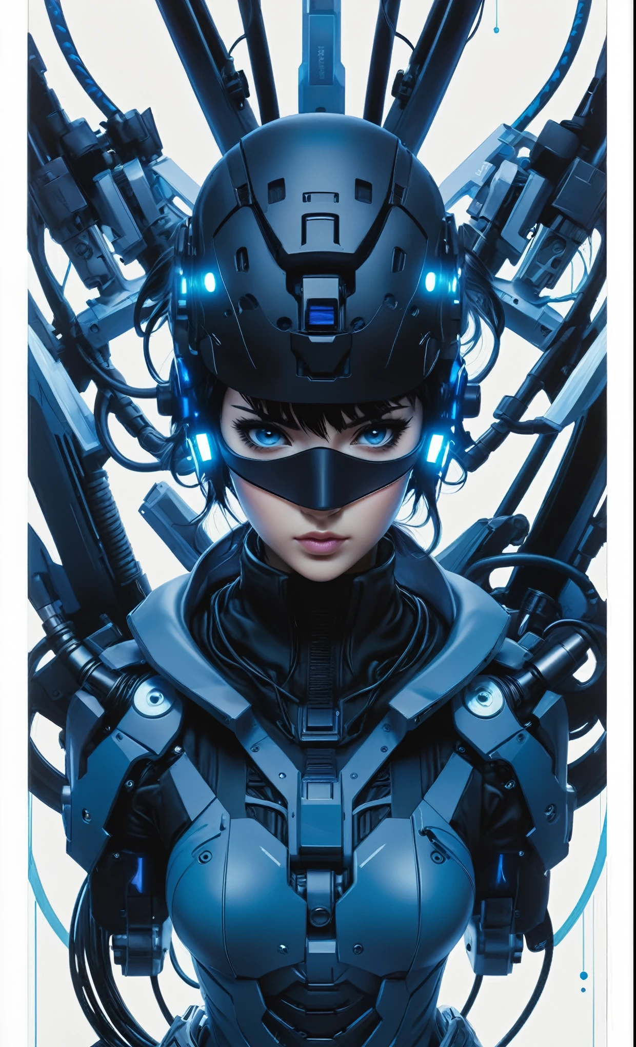 Ghost in the Shell Vol.2, by Luis Duarte, Luis Duarte style, blue and black shading, Neo-Tokyo style, Element Air, Mythpunk, Graphic Interface, Sci-Fic Art, Dark Influence, NijiExpress 3D v3, Kinetic Art, Datanoshing, Oilpainting, Ink v3, Splash style, Abstract Art, Abstract Tech, Cyber Tech Elements, Futuristic, Illustrated v3, Deco Influence, AirBrush style, drawing