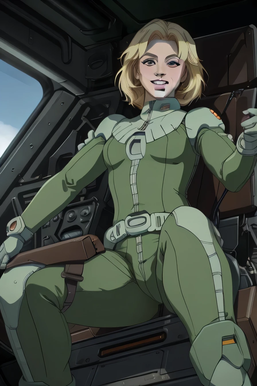 Excellent anatomy, masterpiece, highest quality,Realistic, hyperRealistic, 16K HDR,photoRealistic, Cinematic, There was a pilot, Cockpit View, 20 years,Beauty,Blonde、smile、,Purple lips:1.2),Green flight suit,(Shimuraame,From below