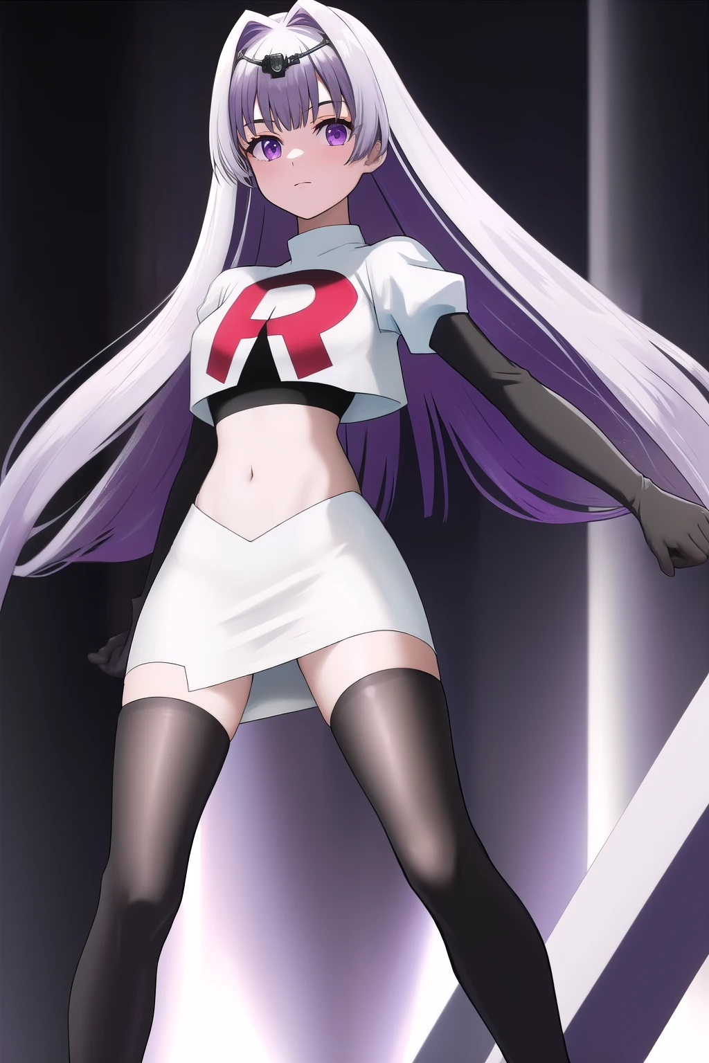 veyle_engage, 1girl, purple eyes, solo, team rocket,team rocket uniform,white skirt,red letter R,crop top,black thigh-highs,black elbow gloves