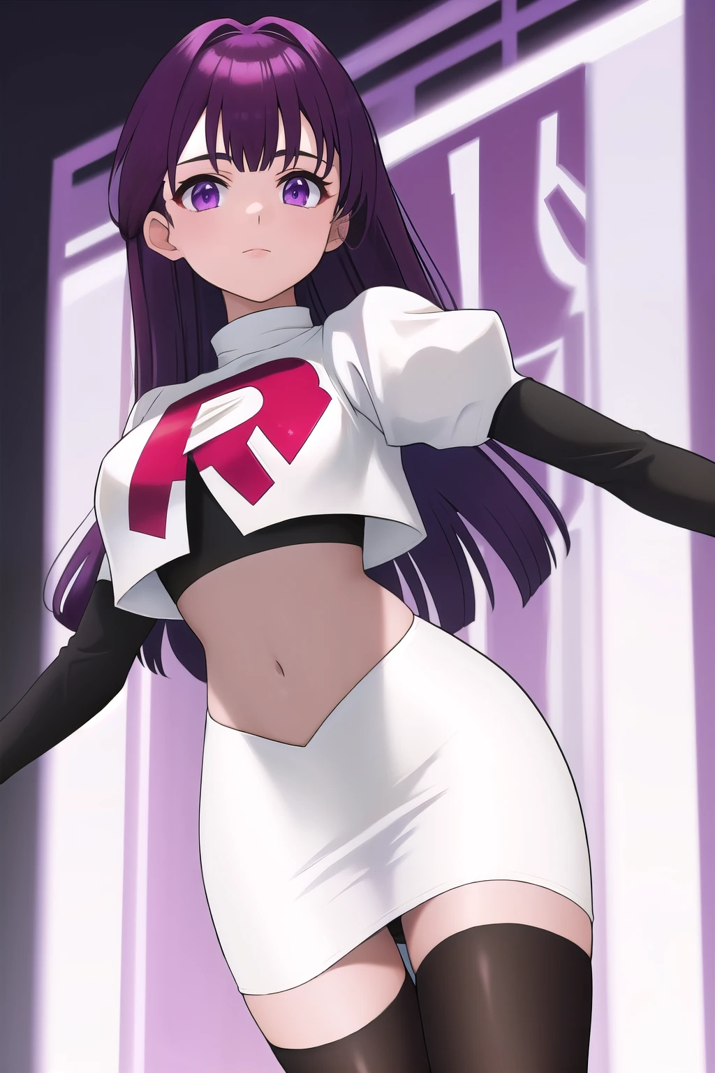 veyle_engage, 1girl, purple eyes, solo, team rocket,team rocket uniform,white skirt,red letter R,crop top,black thigh-highs,black elbow gloves