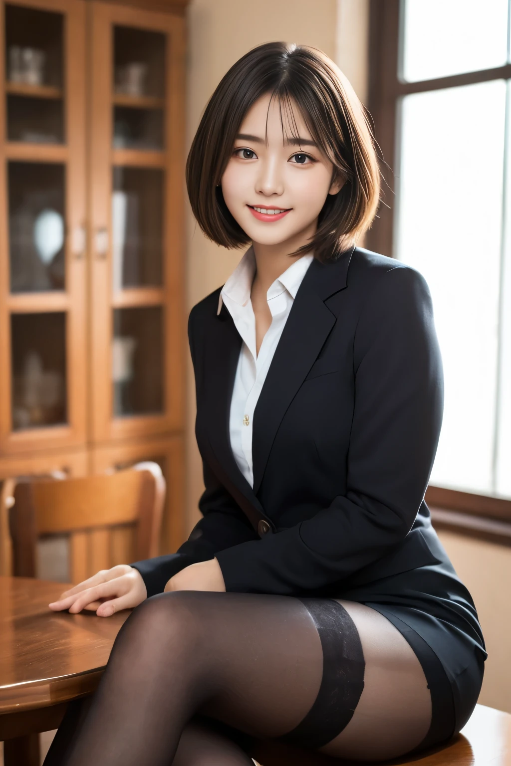 Tabletop, highest quality, shape, Very detailed, finely, High resolution, 8k wallpaper,short hair、 Perfect dynamic shape, Beautiful and beautiful eyes, suit，Natural color lip, smile、18-year-old girl，When wearing black tights or stockings、Plump thighs、Shortcuts