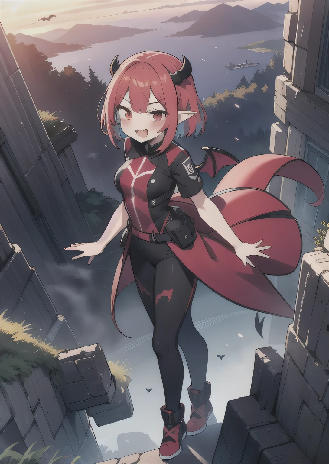 8K, 1girl, petit, teen, kawaii vampire, crimson hair, short hair, red eyes, fang, bat wings, smile, (blush), (shy), pointed ears, looking at viewer, dynamic angle, wind, game cg, fantastic scenery, demon tail, thin tail, black horns, medium breast, teamrocket uniform, show full body