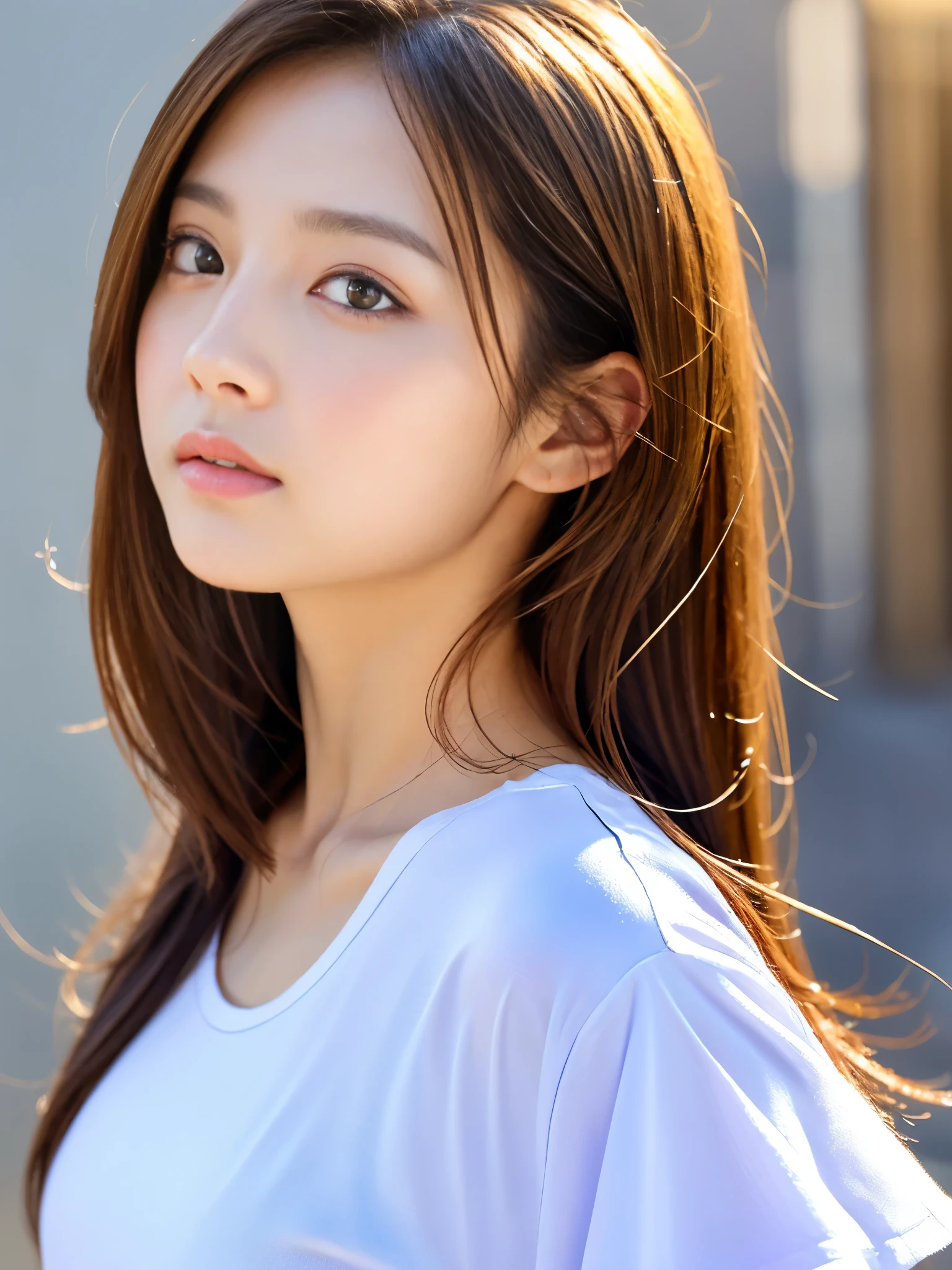 Dressed、(Photo realistic:1.4)、(Surreal:1.4)、(Real Stick:1.3)、
(Smoother lighting:1.05)、(Cinema lightingImprovement of quality:0.9)、32k、
One girl、19 years old、Realistic lighting、Backlight、Facial Light、Ray-tracing、(Bright light:1.2)、(Improvement of quality:1.4)、
(Highest quality real texture skins)、Fine Eyes、Detailed painted face、
(tired, Sleepy and satisfied:0.0)、Close-up face、T-Shirts、
(Improve your body line mood:1.1)、Shiny skin、actress、Korean Idol、Nogizaka Idol、Gravure idol pose