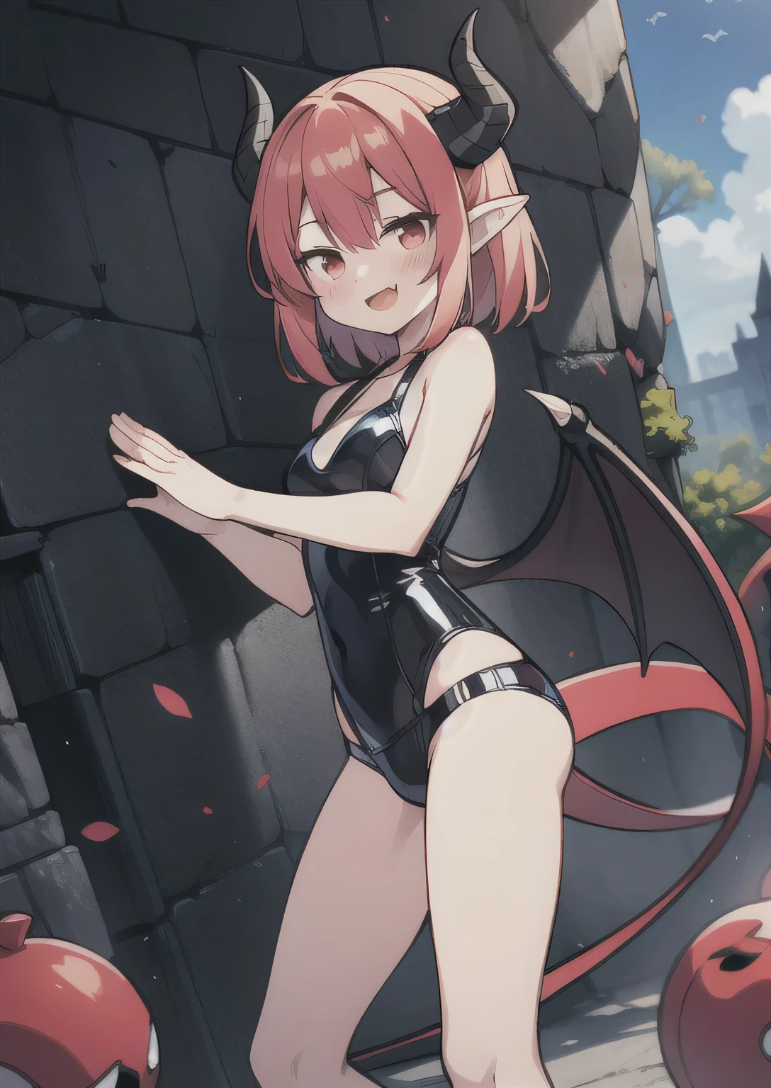 8K, 2girl, petit, teen, kawaii vampire, crimson hair, short hair, red eyes, fang, bat wings, smile, (blush), (shy), pointed ears, looking at viewer, dynamic angle, wind, game cg, fantastic scenery, demon tail, thin tail, black horns, medium breast, latex, sexy, dungeons, summon, magic, bulge, show bulge, swimsuit
