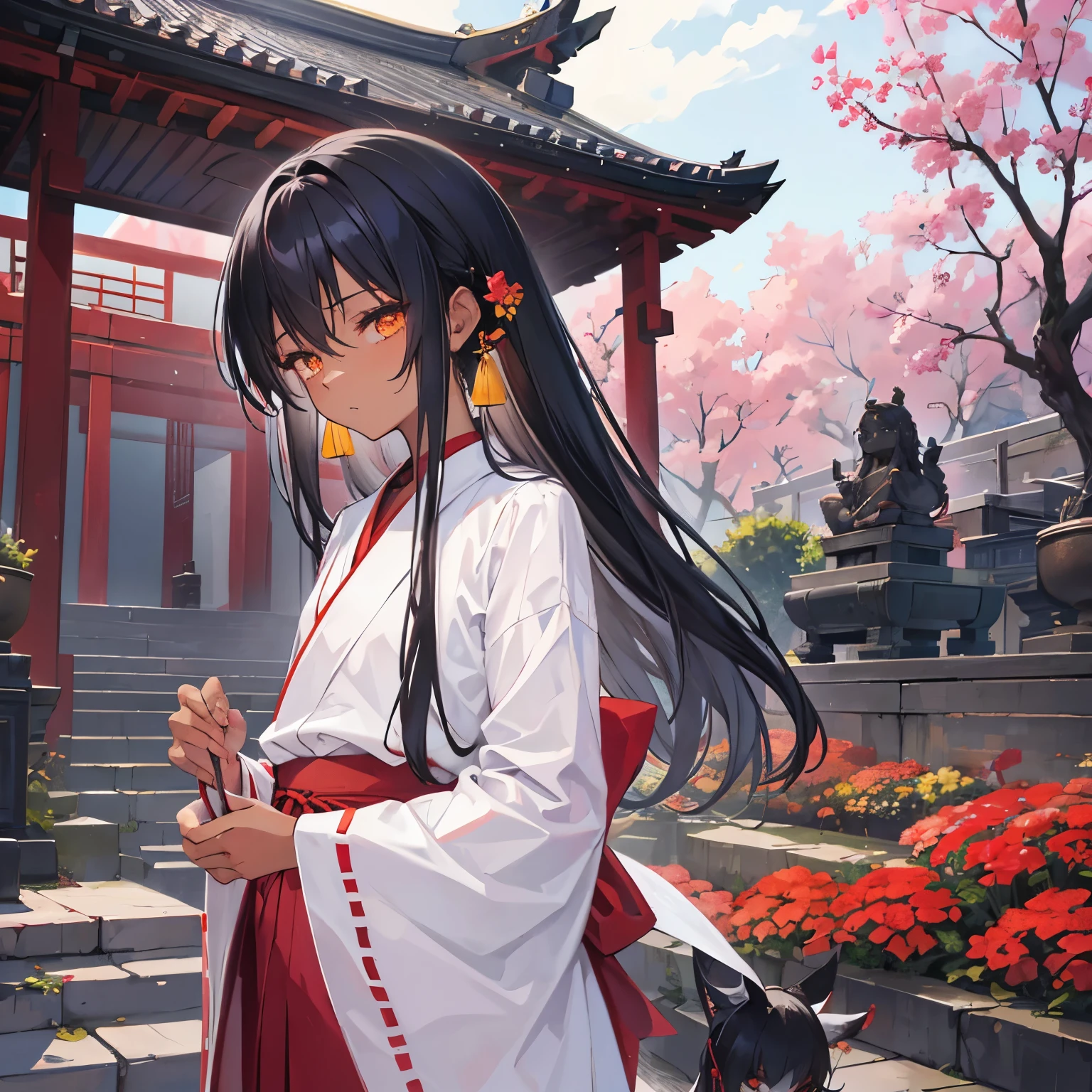 Small shintō MIKO with dark skin and long black hair, amber eyes, in the temple garden taking care of the flowers.