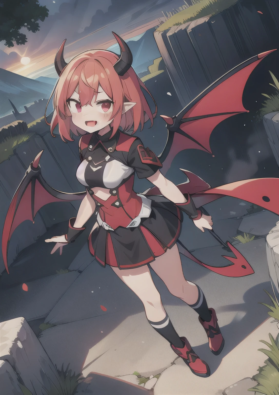 8K, 1girl, petit, , kawaii vampire, crimson hair, short hair, red eyes, fang, bat wings, smile, (blush), (shy), pointed ears, looking at viewer, dynamic angle, wind, game cg, fantastic scenery, demon tail, thin tail, black horns, medium breast, teamrocket uniform, show full body