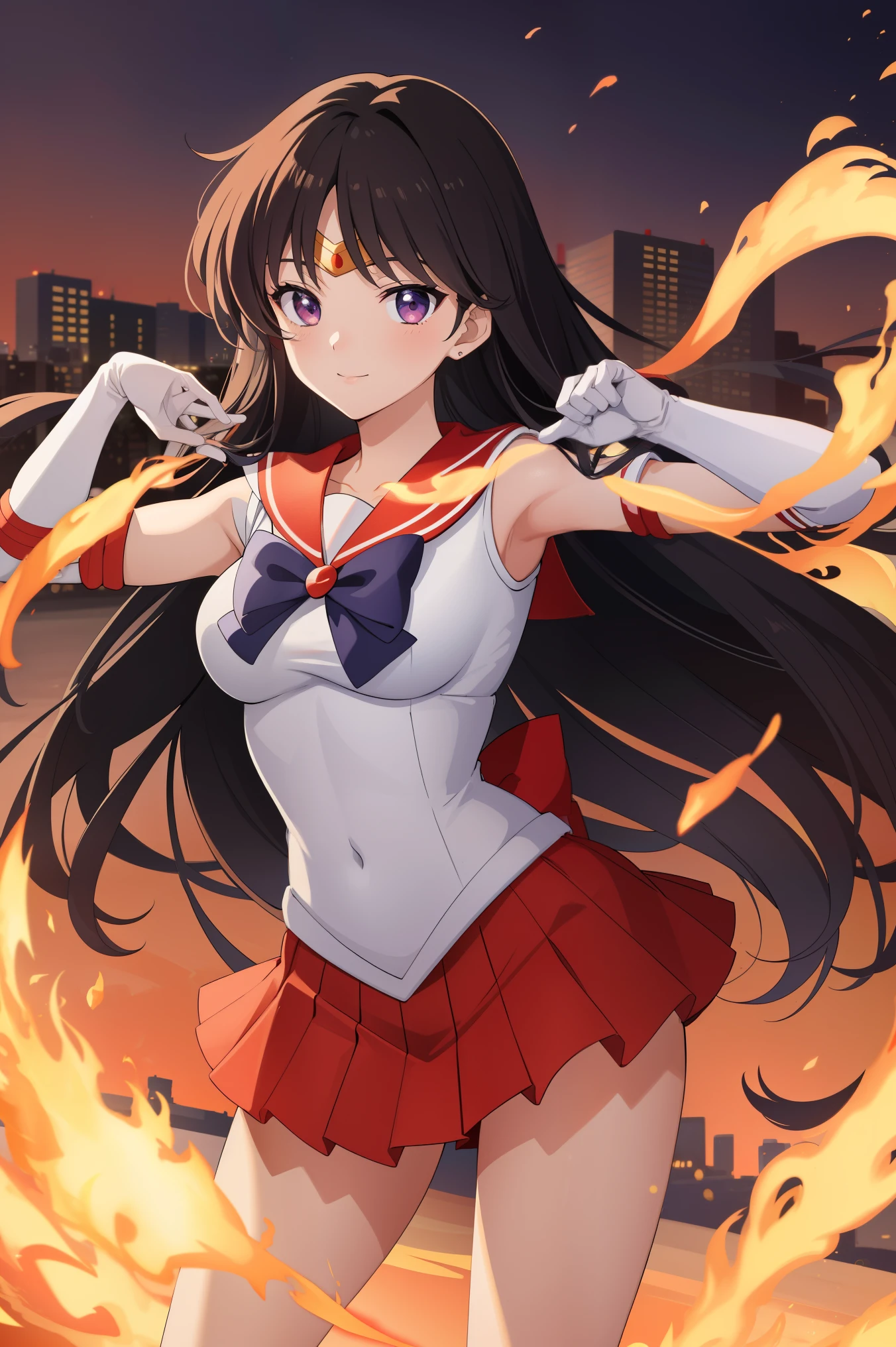 masterpiece, best quality, absurdres, perfect antomy, 1girl, solo, SMMars, very long hair, parted bangs, sailor senshi uniform, red sailor collar, red skirt, elbow gloves, standing, cowboy shot, smile,[cartoon flames in background],((night view,city light background)),dynamic pose,