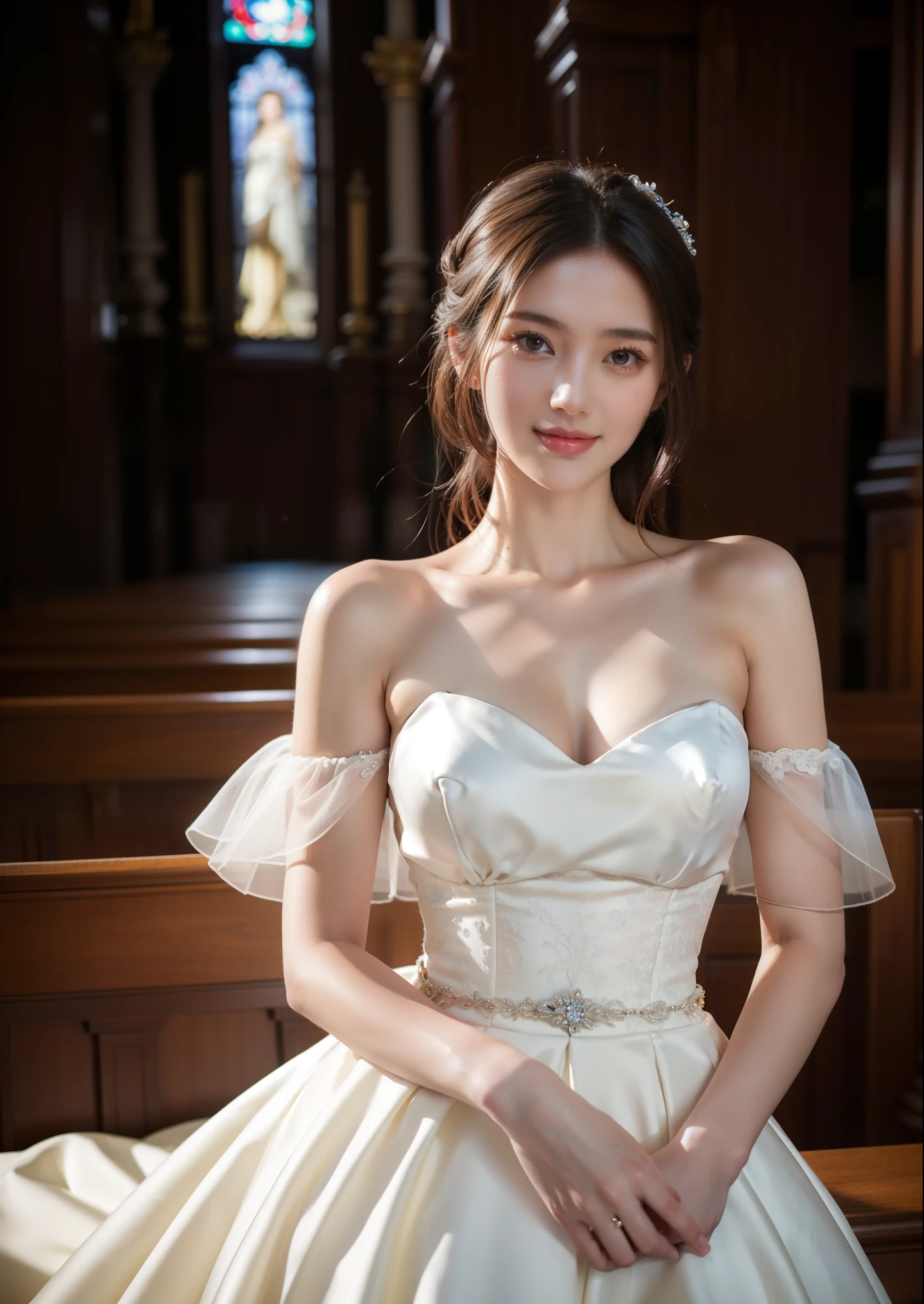 Beautiful 25 year old  woman。She is wearing a wedding dress. She is smiling on illuminated by the evening church lights . romantic sunset. her dark brown hair. High resolution、masterpiece、highest quality、頭w:1.0、((Hasselblad Photos))、fine skin、(movie lighting)、clavicle . full body picture.