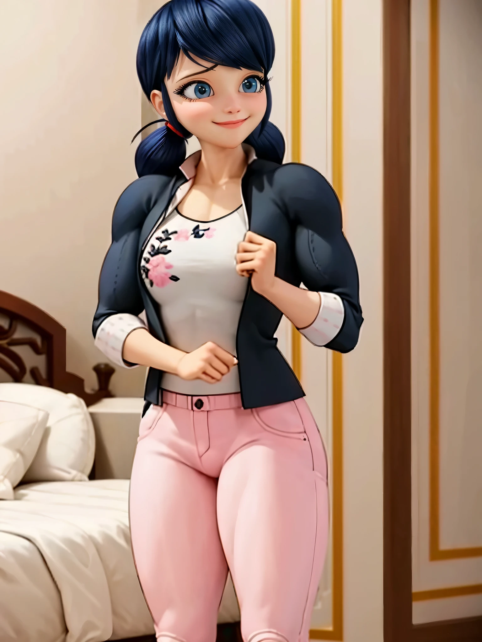 Create an illustration of Marinette Dupain-Cheng from Miraculous: Tales of Ladybug & Cat Noir as a big, muscular female bodybuilder. Marinette should maintain her iconic appearance, including her blue-black hair styled in twin pigtails with red hair ties. Her facial features should remain soft and recognizable, with her big blue eyes and sweet, friendly expression. Marinette's physique should be dramatically transformed to that of a professional bodybuilder, with well-defined muscles showcasing her strength.(big muscular female bodybuilder, beautiful detailed eyes, beautiful detailed lips:1.1,strong physique, two short pigtails, (smile), ( Marinette wears a white printed shirt ), ((( dark pink jean's , plane jean's, without pattern))) black jacket,, and ballet flats.), lifting weight, muscular arms and legs:1.2, toned abs, powerful expression,sweating:1.1, bed background:0.9, intense focus:1.1, vibrant colors, dramatic lighting), rippling muscles,sturdy frame,dark tan,fit around the waist,tight abs,strong arms and shoulders,intense expression,determined look,well-defined muscles and veins,straining muscles,artistic pose,steely gaze,side lighting,powerful presence,vivid colors,dynamic composition,studio lighting,physically-based rendering,athletic build,bodybuilding silhouette,professional,gritty texture,bokeh. Her arms should be thick and powerful, with pronounced biceps and triceps. Her shoulders should be broad and sculpted, leading to a wide chest and muscular torso, with visible abs. Her legs should be strong and toned, with well-defined quads and calves. Despite her muscular build, Marinette should still be wearing her typical outfit from the show: a white t-shirt with a black floral pattern, a light pink blazer, dark skinny jeans, and pink ballet flats. The clothing should be form-fitting to accentuate her muscular physique, but still look comfortable and stylish. Her blazer sleeves can be rolled up to reveal her strong forearms, and the t-shirt should fit snu