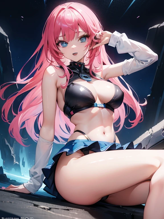 ((masterpiece)), ((best quality)), (Extremely detailed), ((Kawaii)), Lovely, (charming), ((Sexy)), ((Very detailed)), 4k, (8K), best quality, (beautiful), (Anime style:1.2), Flat Color, , rest, Dynamic poses ((National Foundation)), rest, Upper Body, level, Beautiful girl with Pink Hair,disheveled hair,long Pink Hair, Hammerhead, White pupil,The legs are very thin,Very long legs, Blue eyelashes, masterpiece, rest, 1 Girl ((20 years old)), Cyberpunk, Black bikini, The role of Mitsuri Kanji, Bangs, Dressed to perfection, Big thighs, have, Fortnite, Uterus tattoo, rest, Large Breasts, Smile, open mouth, long hair, Hammerhead, (Pink Hair, Deep blue eyes:1.2), Bright Eyes, (Perfect eyes:1.2), (Perfect iris:1.2), rest, (Cool), rest, Glittering, Super shiny body, Glittering, Cute face, Kawaii, Large Breasts, Fine hair, disheveled hair, rest, Gray background , ((Low photographic angle, Ground view)) High and tall,Thin, 8K, From surrealism, Official Art, National Foundation,pretty short skirt,Sitting,Expose a beautiful ass