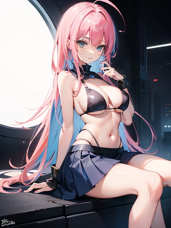 ((masterpiece)), ((best quality)), (Extremely detailed), ((Kawaii)), Lovely, (charming), ((Sexy)), ((Very detailed)), 4k, (8K), best quality, (beautiful), (Anime style:1.2), Flat Color, , rest, Dynamic poses ((National Foundation)), rest, Upper Body, level, Beautiful girl with Pink Hair,disheveled hair,long Pink Hair, Hammerhead, White pupil,The legs are very thin,Very long legs, Blue eyelashes, masterpiece, rest, 1 Girl ((20 years old)), Cyberpunk, Black bikini, The role of Mitsuri Kanji, Bangs, Dressed to perfection, Big thighs, have, Fortnite, Uterus tattoo, rest, Large Breasts, Smile, open mouth, long hair, Hammerhead, (Pink Hair, Deep blue eyes:1.2), Bright Eyes, (Perfect eyes:1.2), (Perfect iris:1.2), rest, (Cool), rest, Glittering, Super shiny body, Glittering, Cute face, Kawaii, Large Breasts, Fine hair, disheveled hair, rest, Gray background , ((Low photographic angle, Ground view)) High and tall,Thin, 8K, From surrealism, Official Art, National Foundation,pretty short skirt,Sitting,Expose a beautiful ass