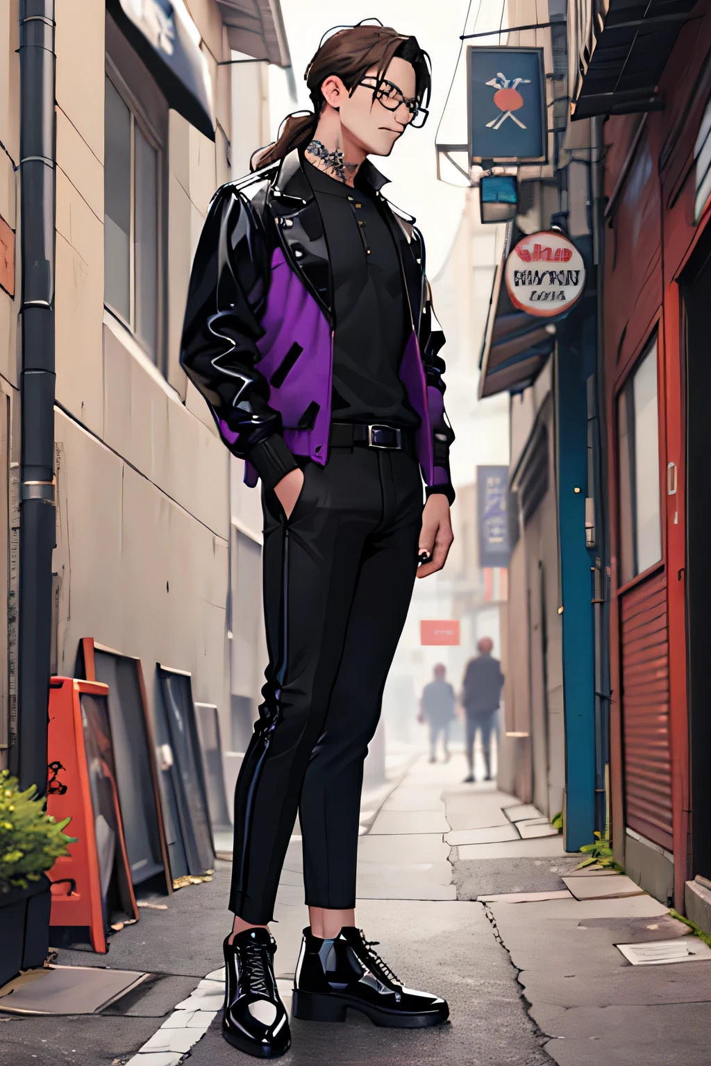 A tall boy with long brown hair wearing glasses, tattoos on the neck and a black shirt with buttons up to the neck with a thin black and purple jacket and wide and long black pants with black patent leather shoes and red nails