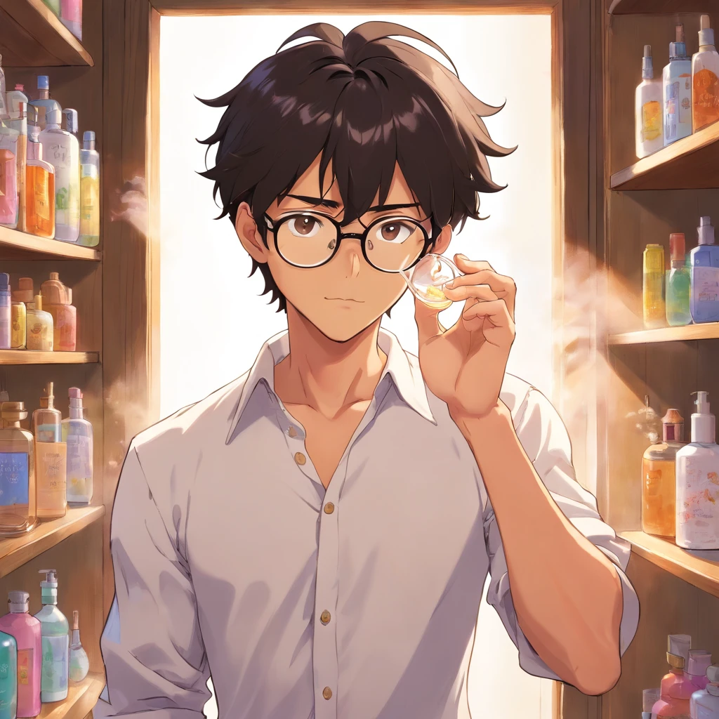 Sexy man, wavy black hair, rounded glasses, tan skin, wear opened white shirt, spraying perfume to his neck, while prepare to leaving his room.