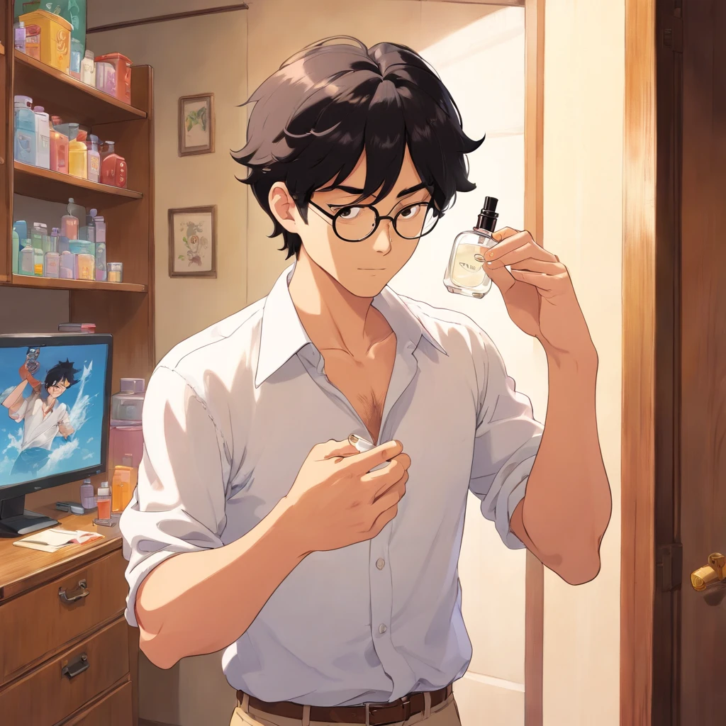 Sexy man, wavy black hair, rounded glasses, tan skin, wear opened white shirt, spraying perfume to his neck, while prepare to leaving his room.