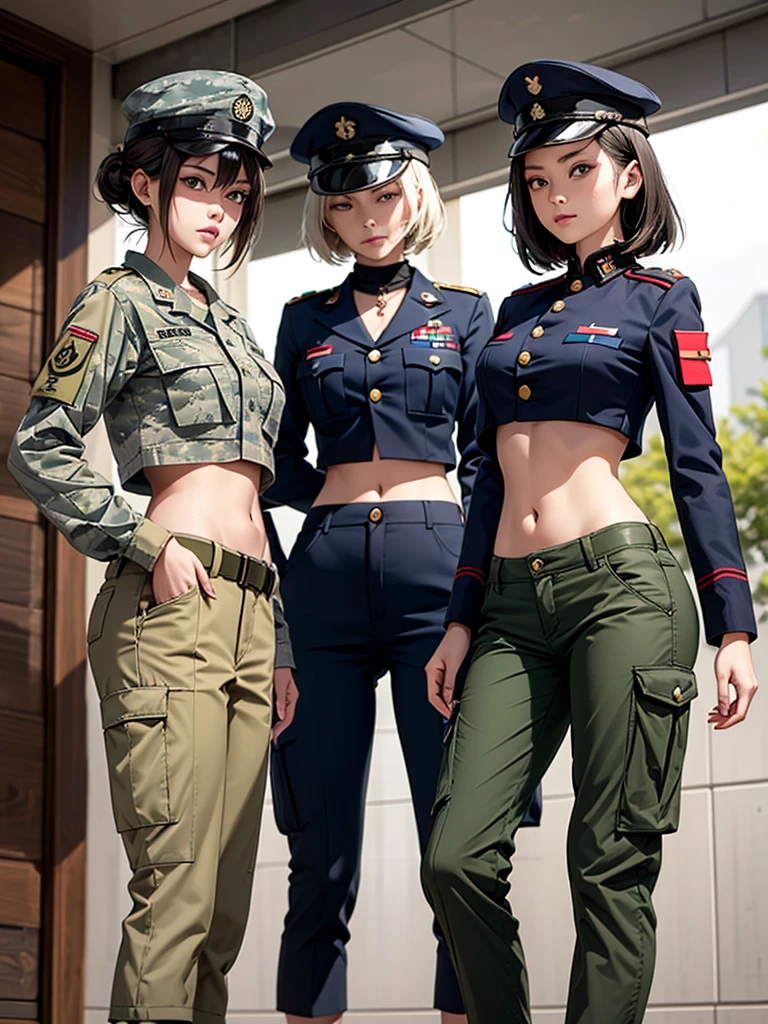 ((Three Women in crop top soldier uniform)), soldier hat, military Shirt brooch, cargo pants, navel, 