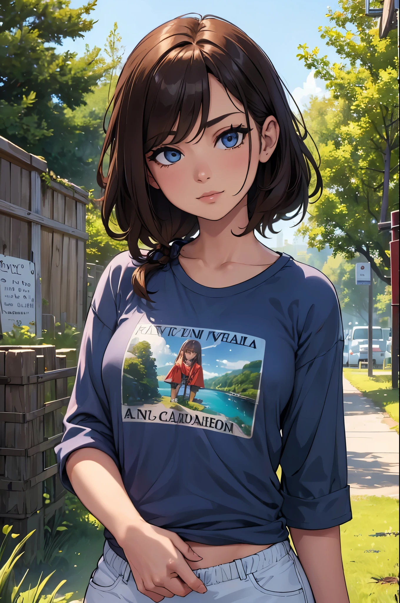 high quality, 8K Ultra HD, ), ((8K, RAW, Masterpiece: 1.4)), (Professional Photoshoot, sharp:1.2), ((Portrait shot)), Perfect dynamic composition, (Natural sunlight), (Soft Shadow), (Perfect body:1.4, Slim abs:1.2), close up of a girl wth brown hair, wavy hair, wearing a blue t-shirt