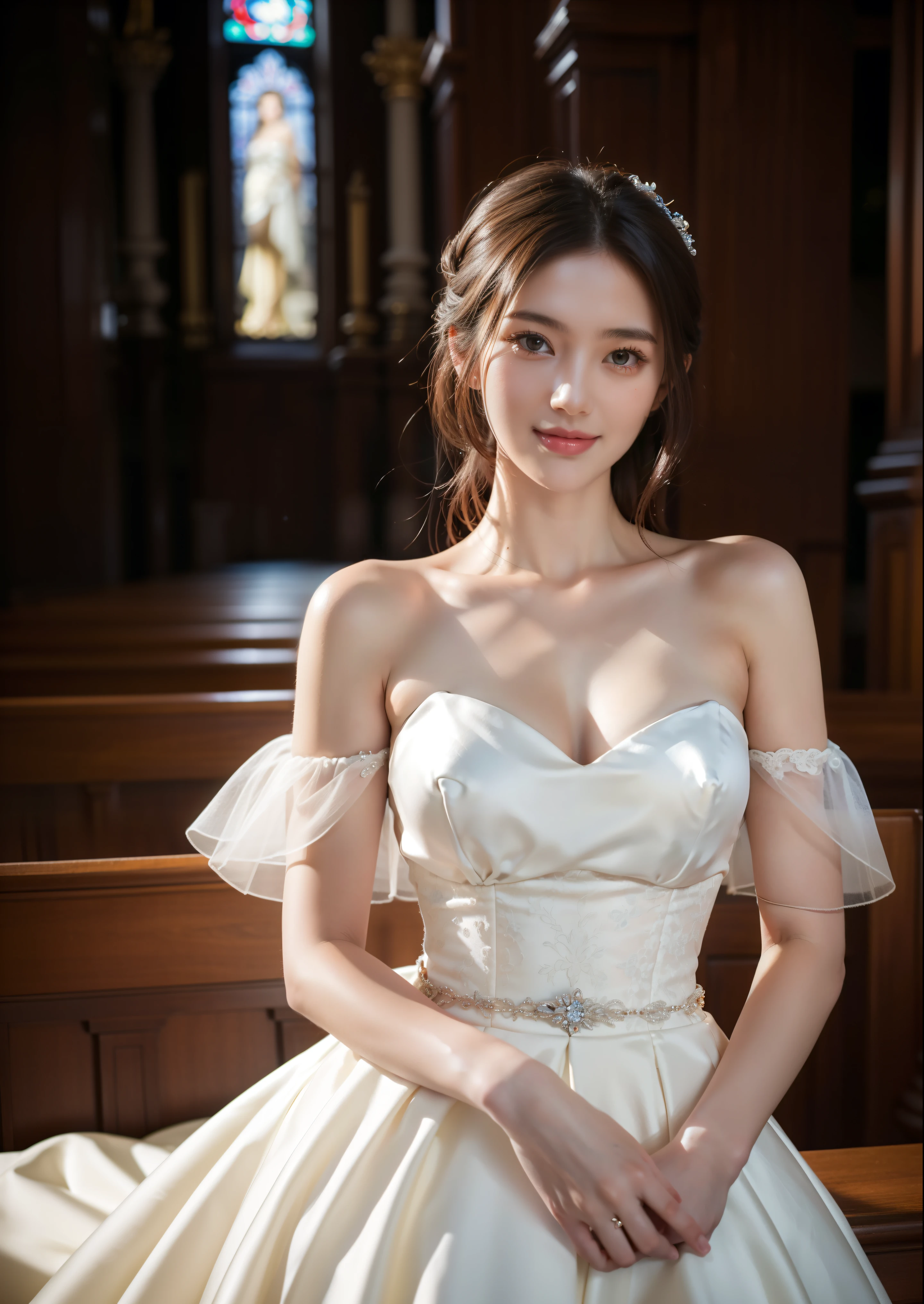 Beautiful 25 year old  woman。She is wearing a wedding dress. She is smiling on illuminated by the evening church lights . romantic sunset. her dark brown hair. High resolution、masterpiece、highest quality、頭w:1.0、((Hasselblad Photos))、fine skin、(movie lighting)、clavicle . full body picture.