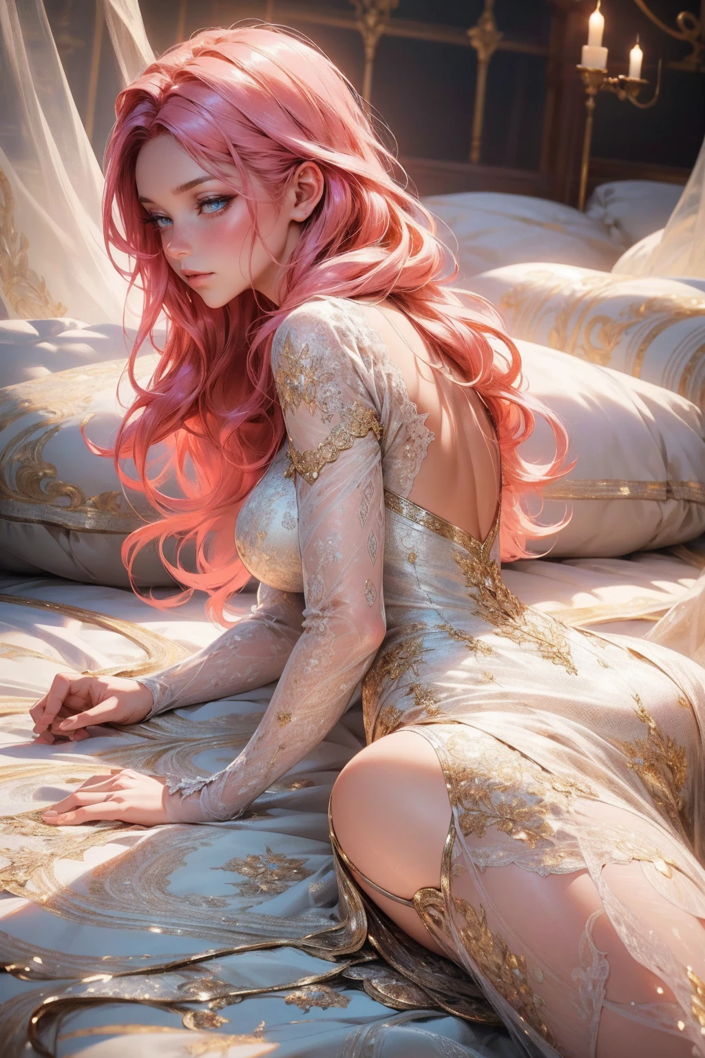 {-erro_de_anatomia:1.0}(best quality,4k,8k,highres,masterpiece:1.2), ultra-detailed, (realistic,photorealistic,photo-realistic:1.37), mature milf, illyasviel von einzbern, redhead hair, upper body, vibrant colors, glowing skin, mesmerizing eyes, elegant pose, enchanting background, delicate lace dress, surreal lighting, ethereal atmosphere, mystical aura, intricate details, artistic medium, digital illustration, fantasy, anime, laying on the floor, backwards, looking back