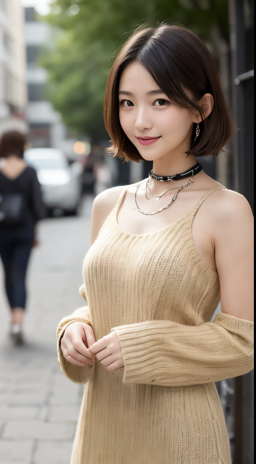Tabletop, highest quality, figure, Very detailed, In detail, High resolution, 8k wallpaper, Perfect dynamic composition, Beautiful fine details, dress,Medium Hair, Center of chest, Natural color lip, Random sexy poses,smile,Aoyama Street Walk、20-year-old girl、Shoulderless knit(Shui Color)、Slid、Choker with chain、I keep my hair tied