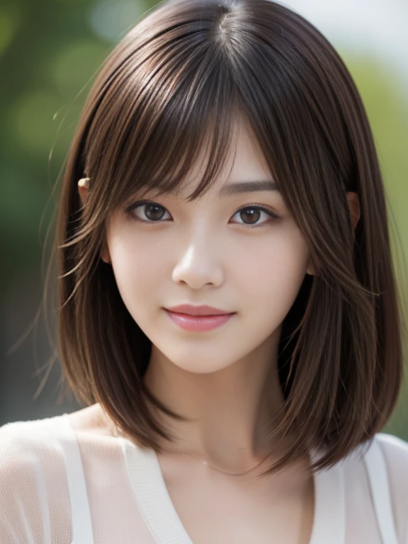 masterpiece, best quality, ultra-detailed, intricately detailed hyperdetailed, realistic, sharp features, highly detailed, sharp focus, perfect face, perfect face, perfect symmetrically perfect eyes, perfect full lips, flexible female form, cinematic, film light, hyper detailed, hyper realistic, high resolution, (smile), (happy), light brown hair, asymmetrical hair, asymmetrical bangs, messy hair, attractive pose, skinny gravure idol, gravure idol, face close up, (wearing clothes:1.3), natural lighting, 
