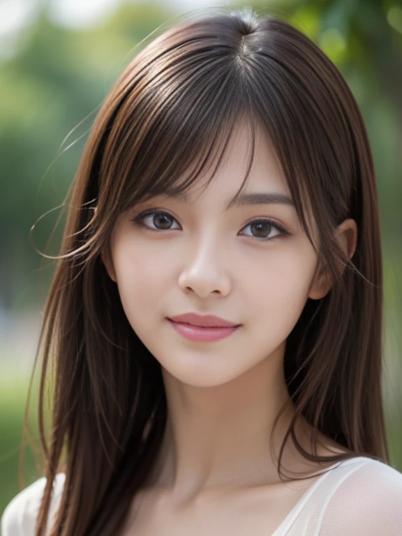 masterpiece, best quality, ultra-detailed, intricately detailed hyperdetailed, realistic, sharp features, highly detailed, sharp focus, perfect face, perfect face, perfect symmetrically perfect eyes, perfect full lips, flexible female form, cinematic, film light, hyper detailed, hyper realistic, high resolution, (smile), (happy), light brown hair, asymmetrical hair, asymmetrical bangs, messy hair, attractive pose, skinny gravure idol, gravure idol, face close up, (wearing clothes:1.3), natural lighting, 