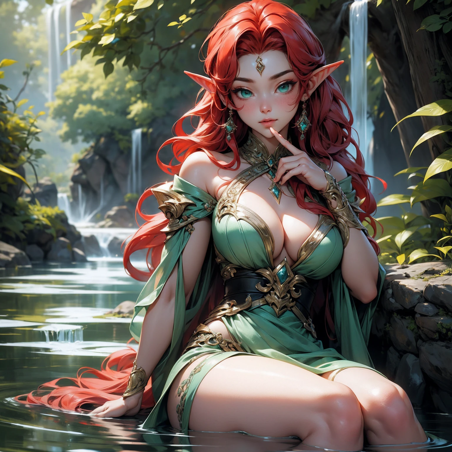 (Masterpiece - Ultra-Detailed, High Resolution) Prepare to be enchanted by a true masterpiece that combines ultra-detailed art with high-resolution rendering. This work shows a mesmerizing and sexy young elf with very large breasts and red hair. Green eyes, transparent dress, sitting on the water. Backwards, looking back, with one finger in her mouth. Get ready to dive into a world where beauty and craftsmanship merge perfectly.