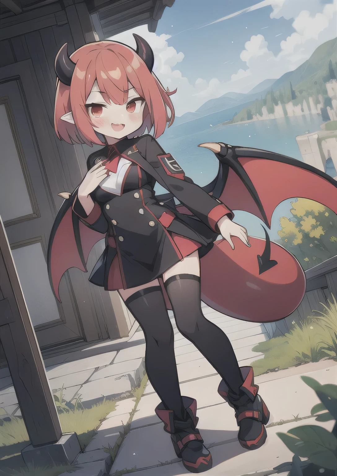 8K,  1girl, petit, teen, kawaii vampire, crimson hair, short hair, red eyes, fang, bat wings, smile, (blush), (shy), pointed ears, looking at viewer,  dynamic angle, wind, game cg, fantastic scenery, demon tail, thin tail, black horns, medium breast, teamrocket uniform, show full body