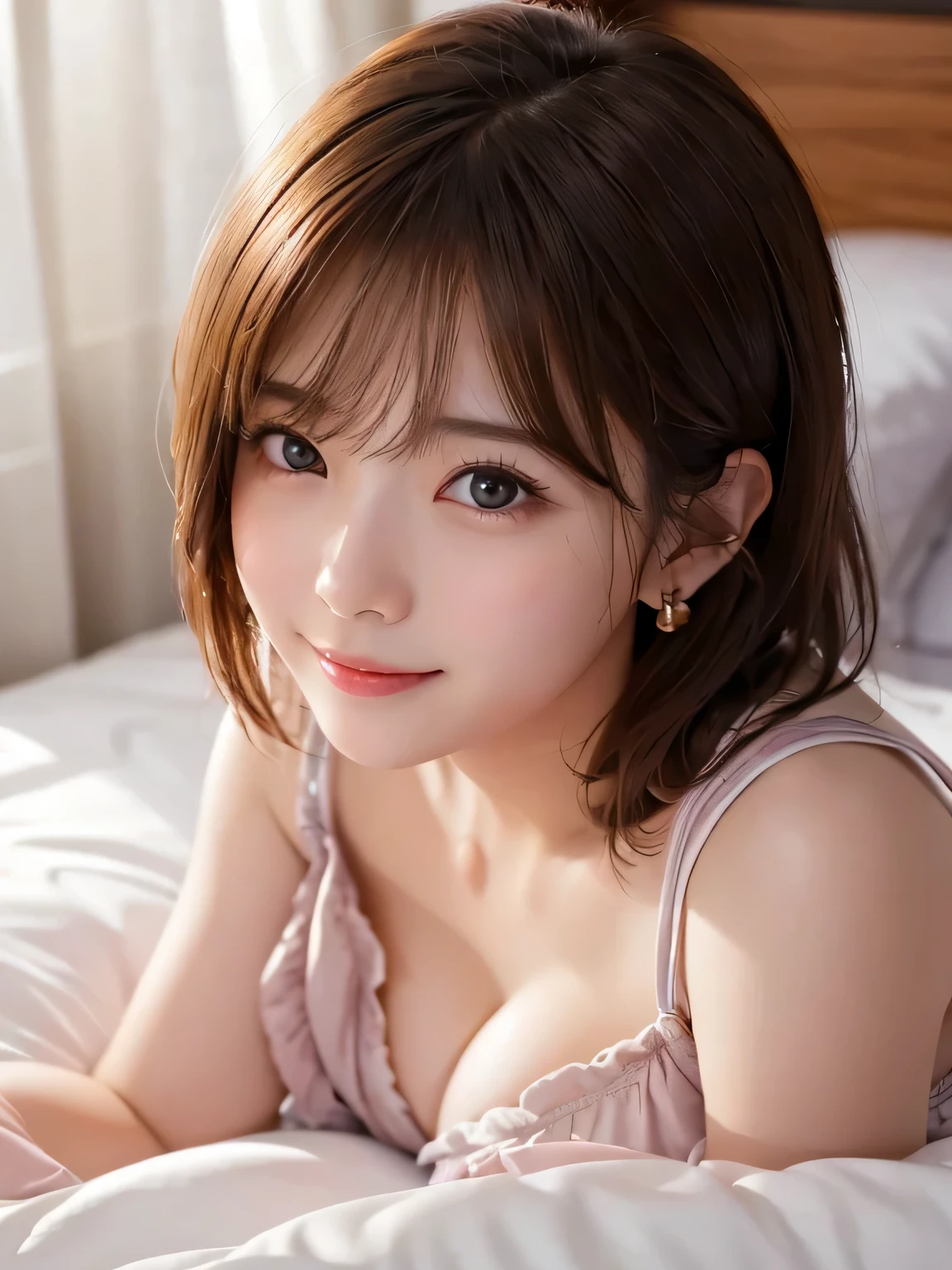 Peeking out from under the covers after waking up、Wrapped in a futon, only my face showing、
Cute Lingerie, cute bra、cute 、Plump thighs、Sculpted body、Moistened skin with lotion、highest quality, Super detailed, cute, Childisression, Lovely, sexy, deviceery detailed, 4K, 8k, highest quality, beautiful, Genuineistic, Genuine, Looking up from below, office, evening, , , alone, , beautiful light brown hair, beautiful eyes, short hair, Earrings, Light Smile, blush, Lens flare, Cowboy Shot、Peeking out from under the covers after waking up、