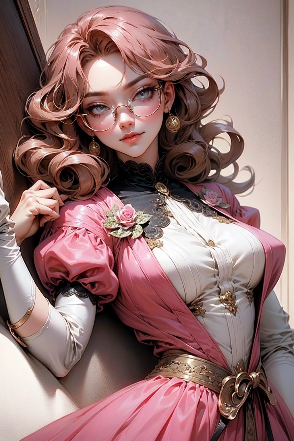 {-erro_de_anatomia:1.0}(best quality,4k,8k,highres,masterpiece:1.2) Anime girl tuxedo with curly rose gold hair and round gold glasses, rose gold eyes. Guviz style art, attractive detailed art style, Charlie Bowater Style, 1 7 - year - old cute anime girl, detailed manga style, detailed anime character art, germ of art. High detail, stunning manga art style. Rose dress. (pink dress) . Wearing rose gold Victorian clothing. Dancing, walking, drinking, reading, writing, lying, standing, on your back, dynamic poses, smile, closed mouth. Different Pose, upper body