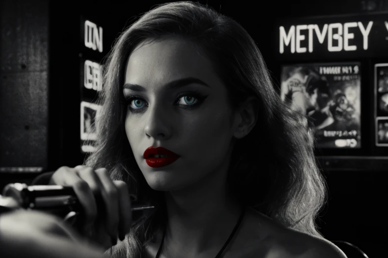 sincitydame woman spot color, ultra high quality high resolution raw photograph woman, (blue eyes:1.2) dressed as detective, (red lipstick:1.2)  sleazy dive bar, monochrome, male focus, parted lips, teeth, blurry, lips, looking to the side, depth of field, portrait, realistic, intricate background, high contrast naked