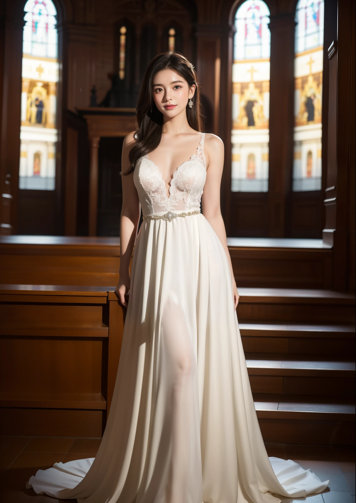 Beautiful 25 year old woman。She is wearing a wedding dress. She is smiling on illuminated by the evening church lights . romantic sunset. her dark brown hair. High resolution、masterpiece、highest quality、頭w:1.0、((Hasselblad Photos))、fine skin、(movie lighting)、clavicle . full body picture.