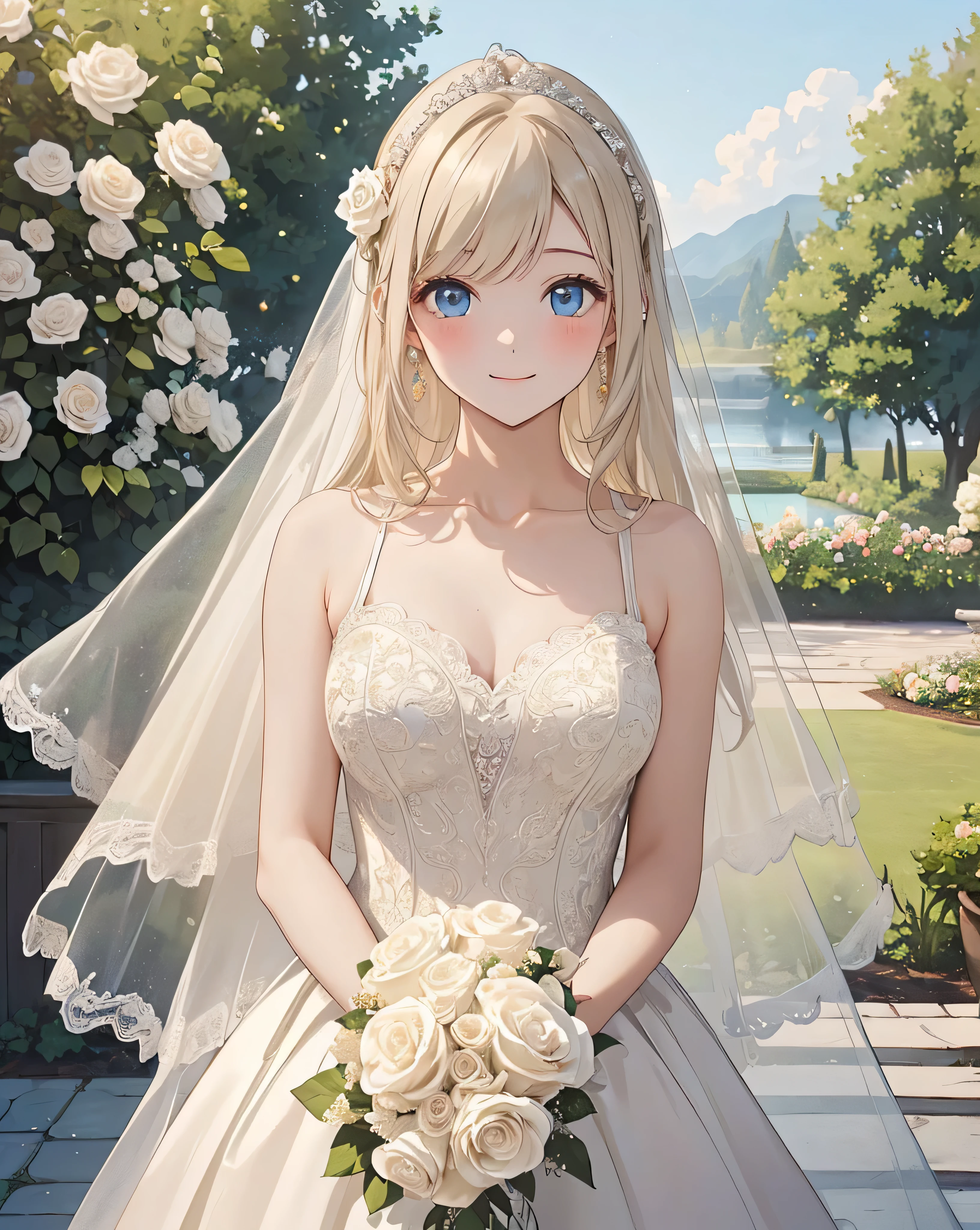 (masterpiece, highest quality, beautifully、aesthetic:1.3), View Viewer, One girl, alone, A light smile, (compensate, Long Hair, Light beige hair, blue eyes:1.2), Octane Rendering, Bridal Veil, lace trim dress, See through, Wedding dress, Outdoor, White Rose, garden, morning, Are standing, Very detailed,