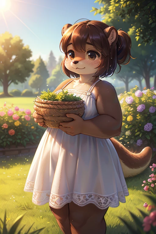 (Realism style:1.3) , Bokeh , focus face , 1 hairy mature otter girl , Short stature , curvy , hige , realistic hairy fur , Round face, swollen cheeks, moist round eyes , hair ties , relax thin summer dress , in the grass garden , sunlight , (body line is visible:1.3) , flare