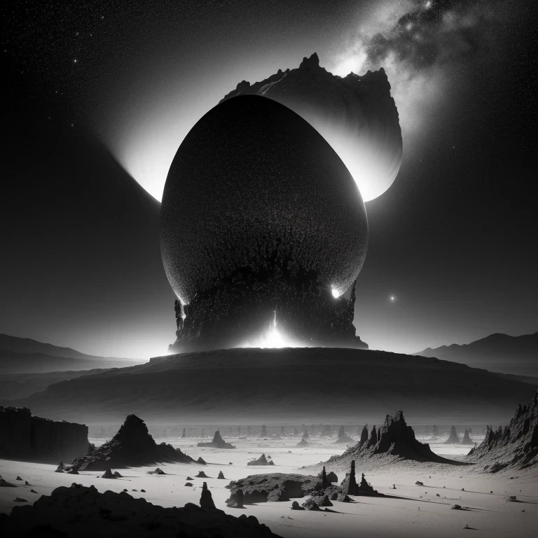 (((black and white)))Alien base (Very detailed) In the mountainous desert,There are several exhaust fans and chimneys, Some spotlights come out of the base to illuminate dark places, (Extreme nights), Some clouds in the night sky, Some of the surrounding planets provide air to unknown planets,The farthest giant volcano is erupting