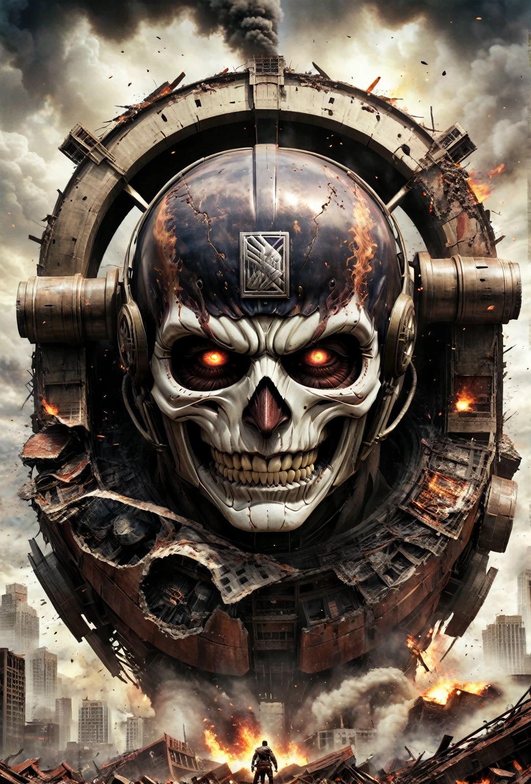 (best quality,4k,8k,highres,masterpiece:1.2),ultra-detailed,(realistic,photorealistic,photo-realistic:1.37),attack on titan art style,titan body,illustration texture,dramatic lighting,lifelike details,vivid colors,towering presence,massive proportions,giant humanoid figure,great power and strength,meticulously crafted muscles and veins,intricate titan facial features,dark and gritty atmosphere,ominous mood,ruined cityscape in the background,destroyed buildings and debris,shattered walls and remnants of humanity,collapsing structures,smoke and dust billowing,energetic and dynamic composition,movie poster vibes,breathtaking scale and impact,emphasize the terror and chaos,imposing and intimidating expression,engulfed in flames and destruction,desperation and survival,apocalyptic battlefield,emphasize the relentless and fierce nature of the titans,grand and epic narrative,overwhelming sense of danger and vulnerability,youthful and determined human characters,exquisite attention to detail in weaponry and gear,gritty and battle-worn costumes,extreme perspective angles,immersive and gripping storytelling.