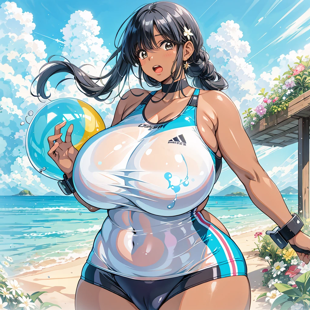 an overweight woman with balloons on and a large sports bra on in a race track, 1girl, breasts, dark skin, covered navel, dark-skinned female, thighs, covered nipples, black hair, solo, long hair, looking at viewer, huge breasts, cameltoe, one-piece swimsuit, open mouth, outdoors,Masterpiece Top Quality One Girl Adorable black beautiful girl. (((gigantic breasts)))