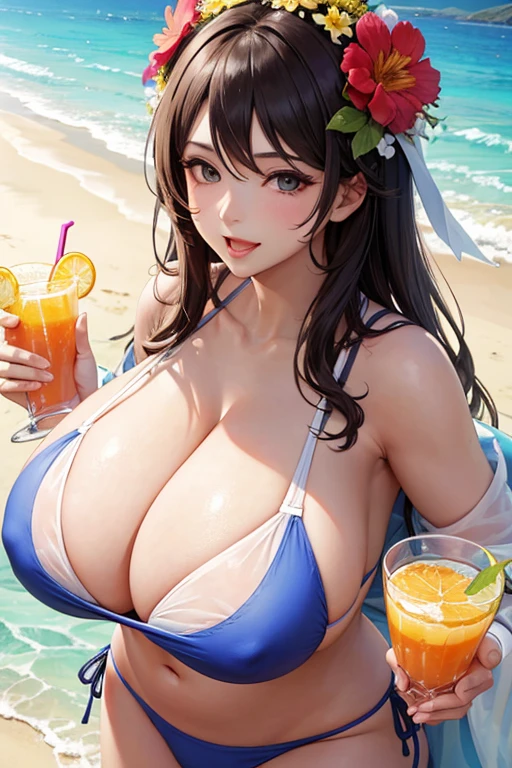 Huge mommy with very big and huge breasts wearing a bikini bra on the beach with many colors with a flower on her head with a drink in her hand