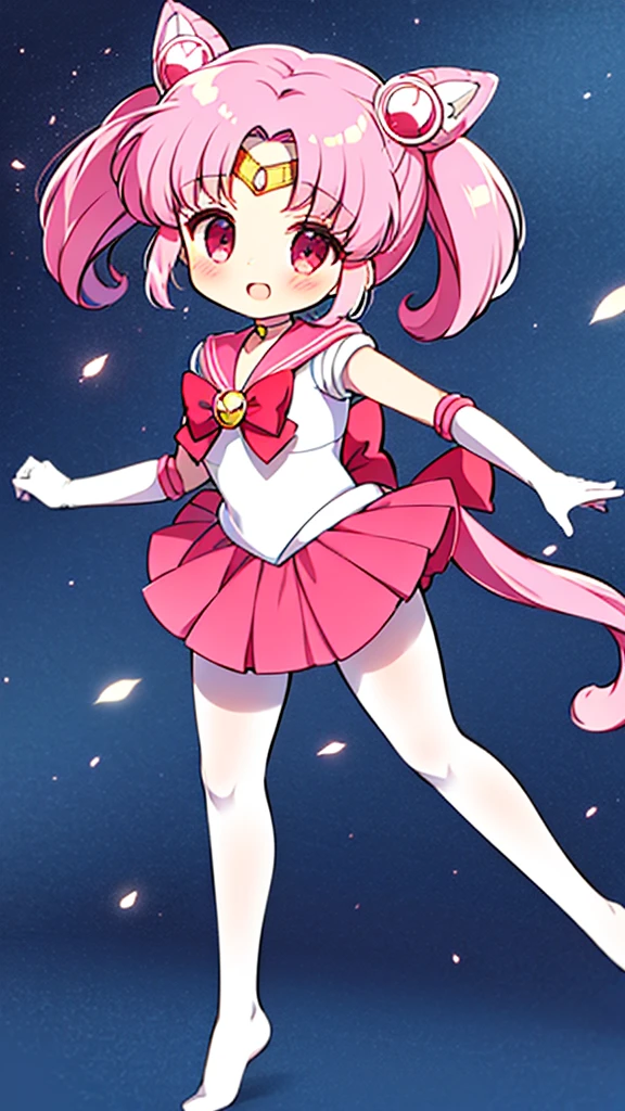 Sailor Moon，young年，Seven years old，cute，Metal hairpins，（little girl），（Little Loli），Pink Hair，（Double tail），Sailor Suit，Red bow，White elbow gloves，Red Skirt，No shoes，(White pantyhose)，(young)，(Small)