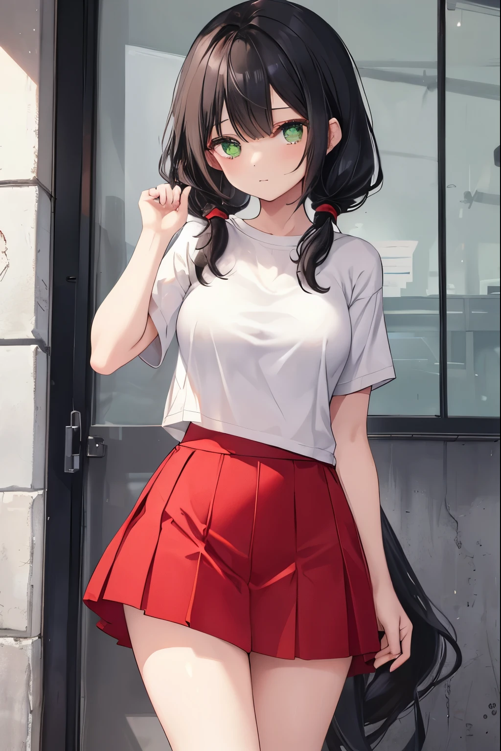 1girl, black hair, low twintails, green eyes, medium breasts, casual tight white t-shirt, red skirt, modern clothing, modern girl, ((tight clothes))

