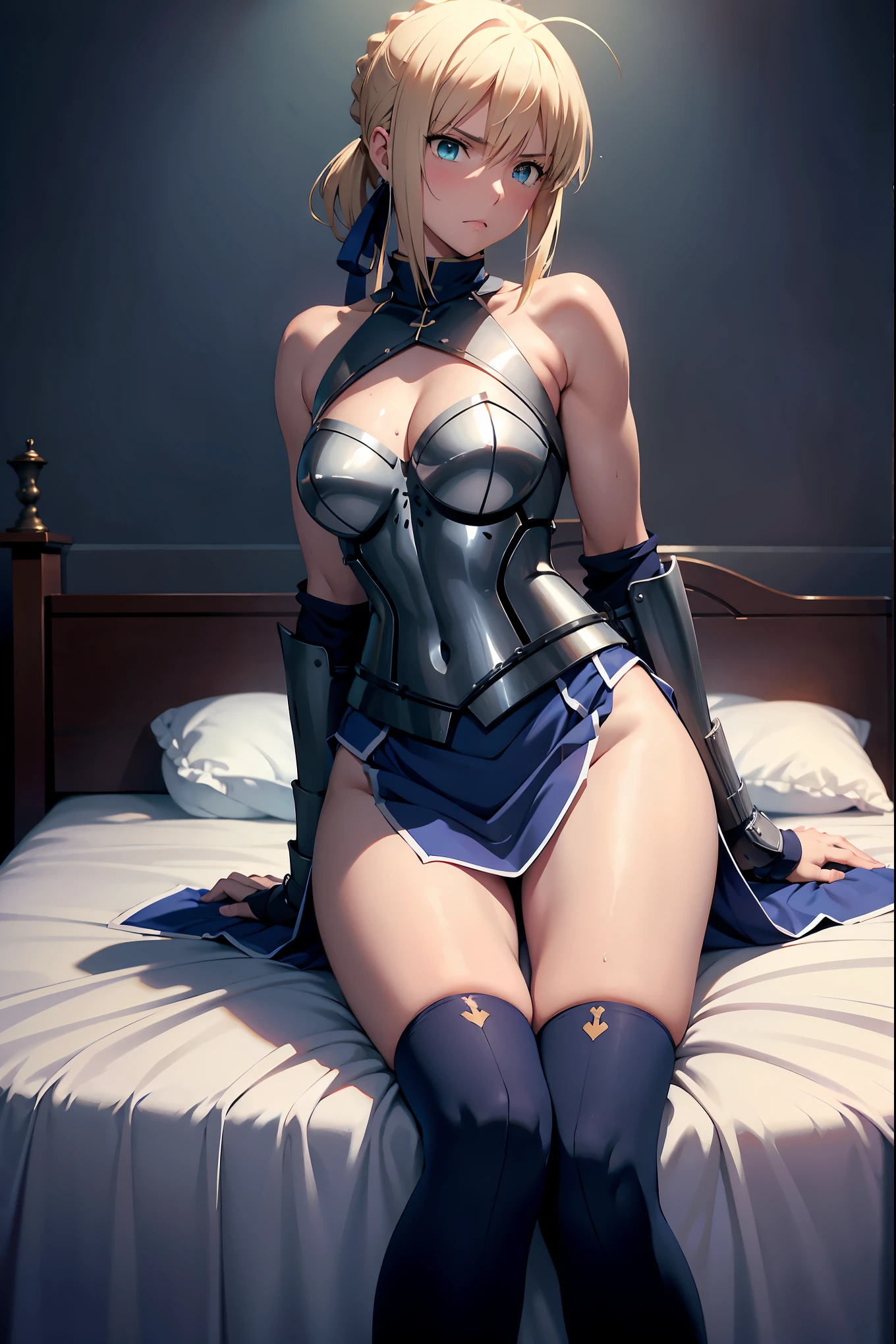 NSFW Highest quality,　(Artoria Pendragon), alone　(Blue Layered Skirt Armor　Foot armor)　short hair,ponytail　 Parody, Blue choker, hair 弓, Blue Ribbon, Highest quality, Very detailed　　atmosphere　Sexy pose　Muscular　Side angle, Spread your legs　Super fatty muscle 　Are standing　　Absolute area　Beautiful thighs　　Knee-high armor boots　Angle from below　Side tie panties　inner thigh　Wet股間　　Wet　blush　Embarrassed face　Arching my back in joy　　masterpiece, Highest quality, One girl, (Browsing Caution:1.0), Spread your legs, Sheet, Lift your legs, nude, (pussyfocus:1.0) Sweat, Shiny skin, Heavy breathing, ( Sex, sexual intercourse, put in, Heterosexual, Motion Lines, Motion Blur, Talking Spirit:1.1), (Lie in, Lie in on your back, bed,Subjective:1.1)Completely naked　(topless)++　Beautiful back