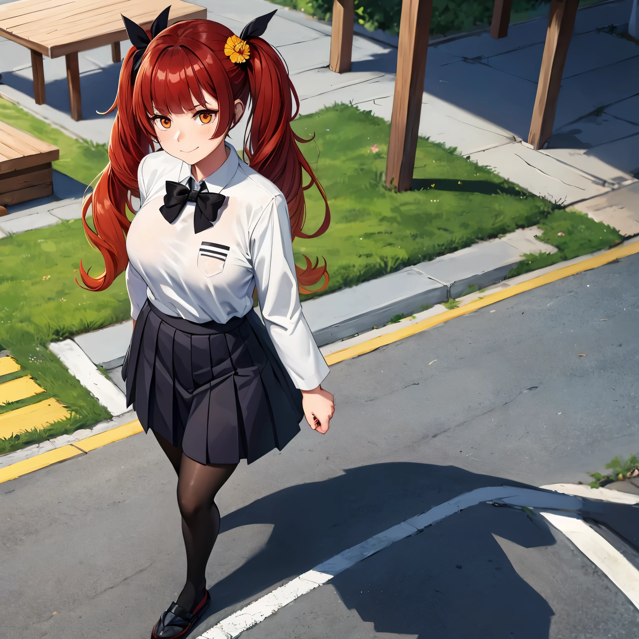 A woman wearing a white Japanese navy school shirt, a black tie, black skirt, black tights, black women's shoes, walking on an orange marble sidewalk of a traditional Japanese school, red hair, pigtails, black bow in her hair, orange eyes, smiling, full body. (solo woman), glow, drop shadow, flower, UHD, masterpiece, accurate, anatomically correct, textured skin, super detail, high quality, best quality, 8k, high resolution, bokeh effect.