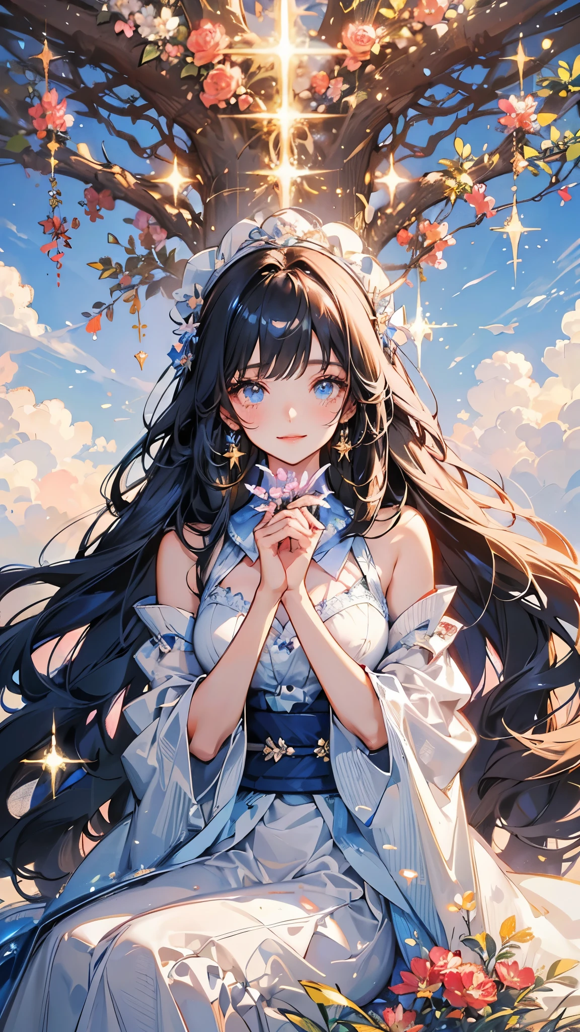 (This image depicts a smiling character sitting flat on the ground in a flower field with light shining through the clouds.

:1.2)

Break

(Upper body shot

:1.0),

(One girl

:1.4),

(Beautiful face

:0.8),

(Cute

:0.4),

(Clear eyes),

(Bright light, clear colors

:1.0),

(The character is a blonde girl with slanted eyes, wavy hair, and a big ribbon on her head. She is wearing a white and blue dress and skirt with a star pattern. Beautiful sparkle and  The color matches the dress and the ribbon perfectly. Thin face, thin jaw

:1.0)

Blake

(The girl is in a flower field. She is smiling brightly with a blush on her cheeks. You can see the happiness in her eyes. You can feel the energy and movement from the light.

:1.0)

Blake

(In the background there is a very beautiful sky with light shining through the clouds, creating a sparkling and bright atmosphere.

:1.0)

(Top quality, very detailed, beautiful detailed eyes, beautiful detailed lips, beautiful detailed glow

:1.0)