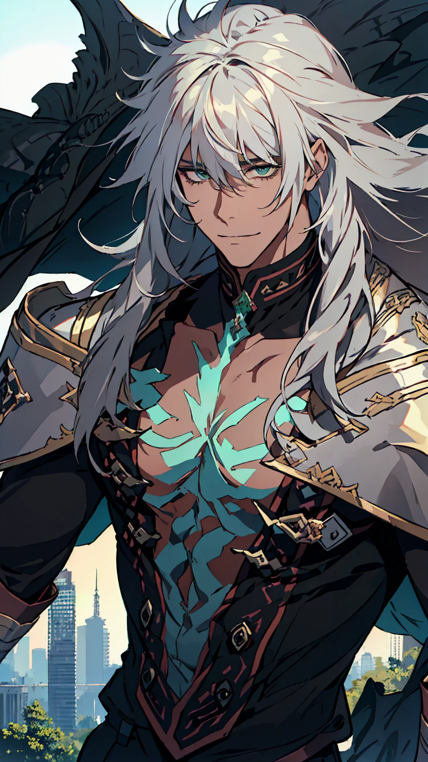 Upper body,silent smile,1young man,solo,male photo, stare into the distance,gray hair,long hair,green eyes,(best quality:1.2),(masterpiece:1.2),(ultra-detailed),vivid colors,sharp focus,moolight,studio lighting,confident expression,stylish,at the ruins