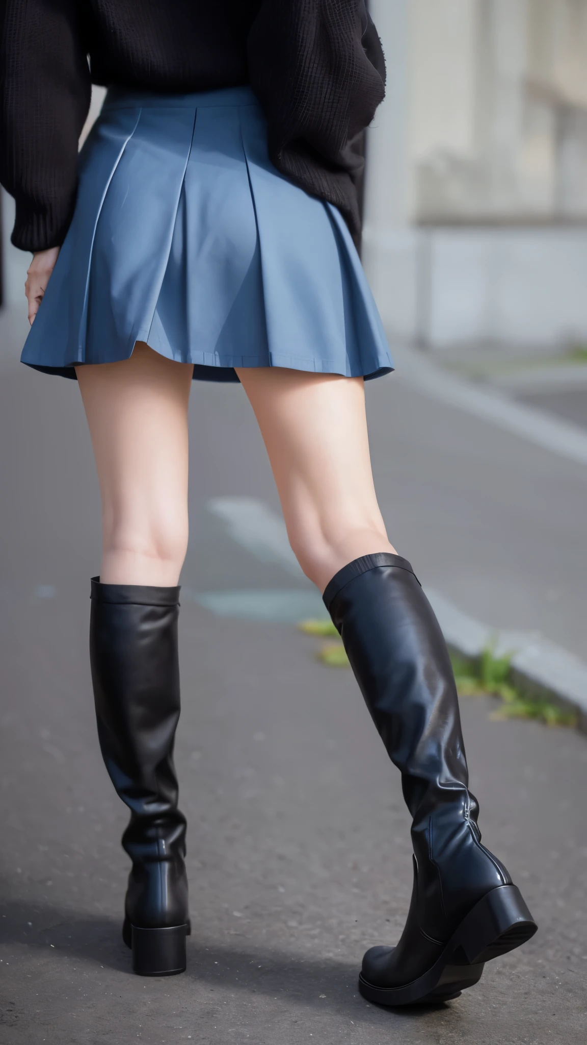 Photos taken by a professional photographer，Close-up portrait of a woman in a skirt and knee-high boots, Wear a skirt and high socks, Stockings and skirt, Knee-high socks, Thigh-high socks, Over the knee socks, Thigh height, Long, slender legs, mini skirt, Wear a skirt, Surreal , Japanese girls uniform, Leg and thigh shots, Very beautiful slim legs，Back view，