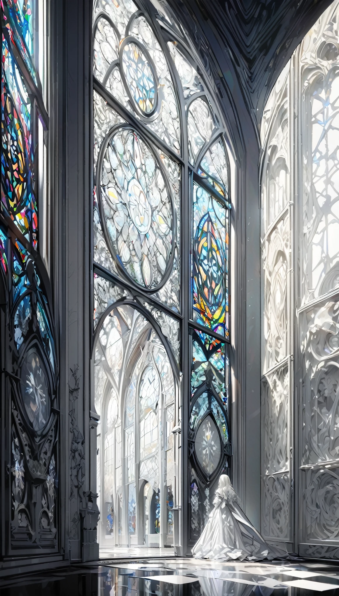 best quality, super fine, 16k, black and white stained glass window with delicate, complex, mysterious, and bold design, when you open the window, you are greeted by pure white world, colorless work of art